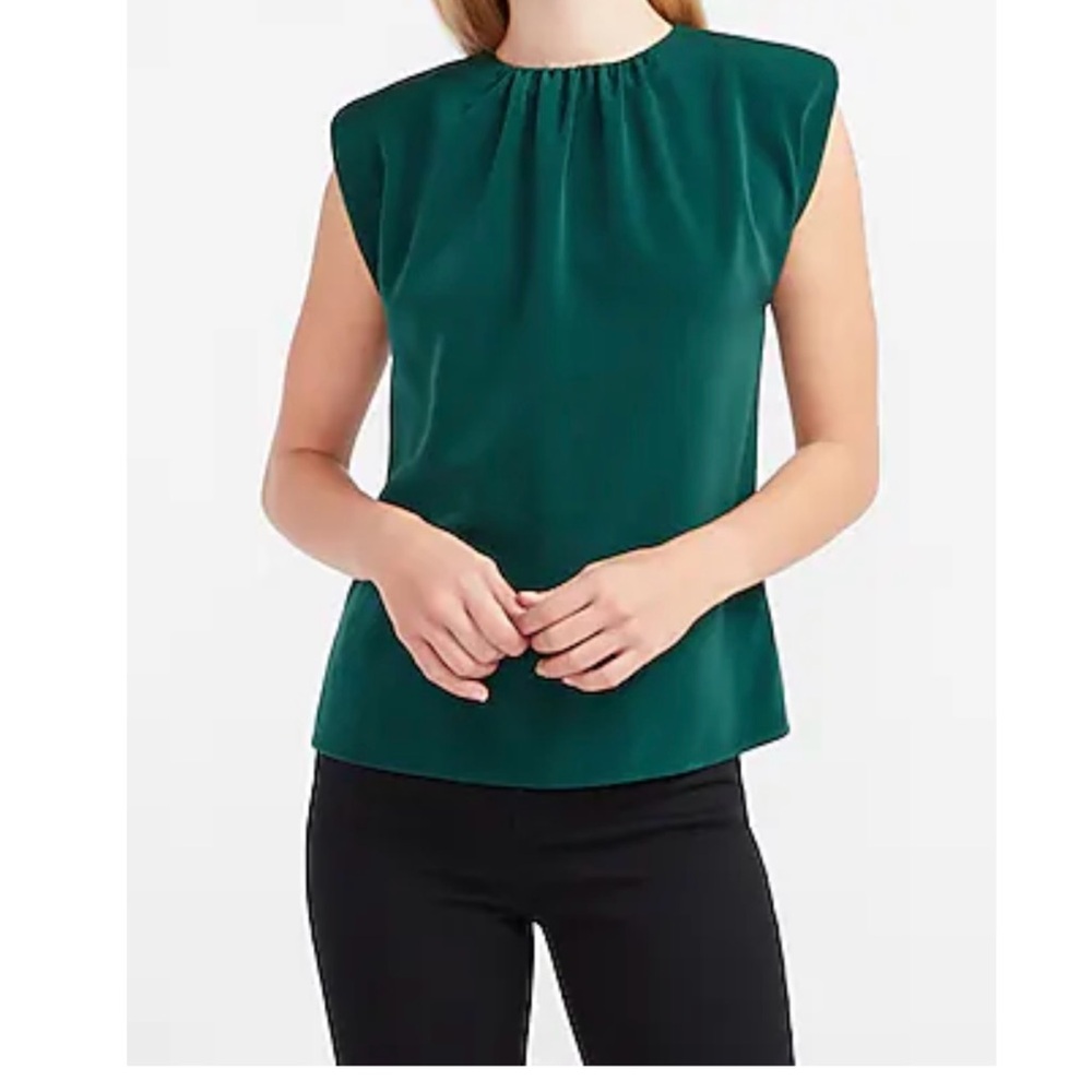 Express Dark Green Crew Neck Cap Sleeve Pleated Top NWT